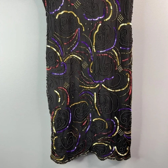 VINTAGE Glamour Silk Sequinned Beaded Dress Black Cocktail Shoulder Pads Size S - Picture 4 of 12